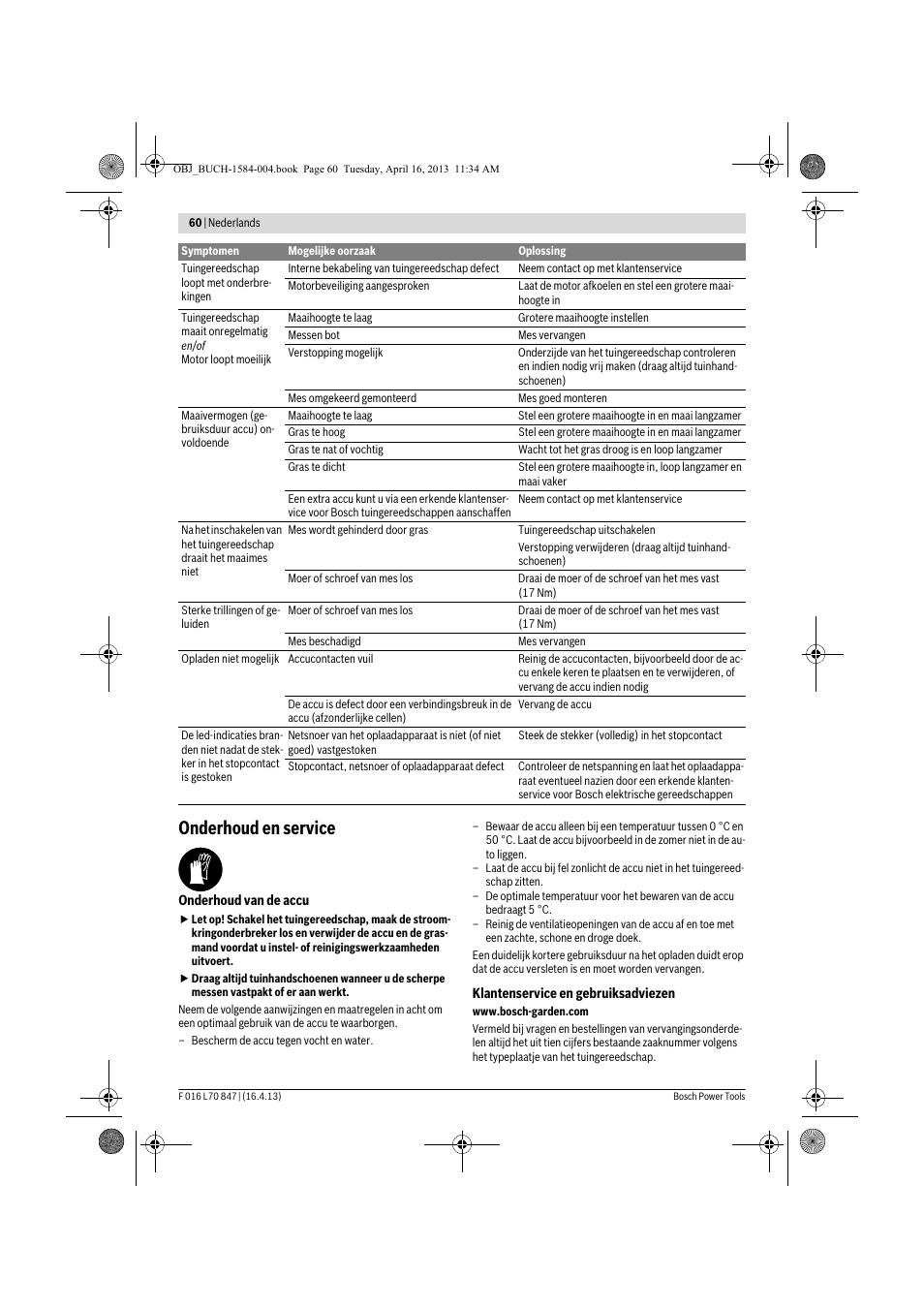 Onderhoud en service | Bosch Rotak 32 LI User Manual | Page 60 / 248