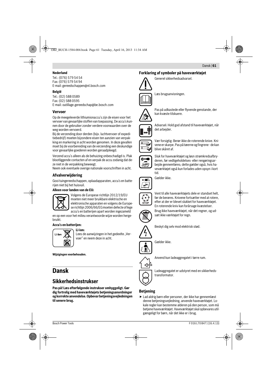 Dansk, Sikkerhedsinstrukser | Bosch Rotak 32 LI User Manual | Page 61 / 248