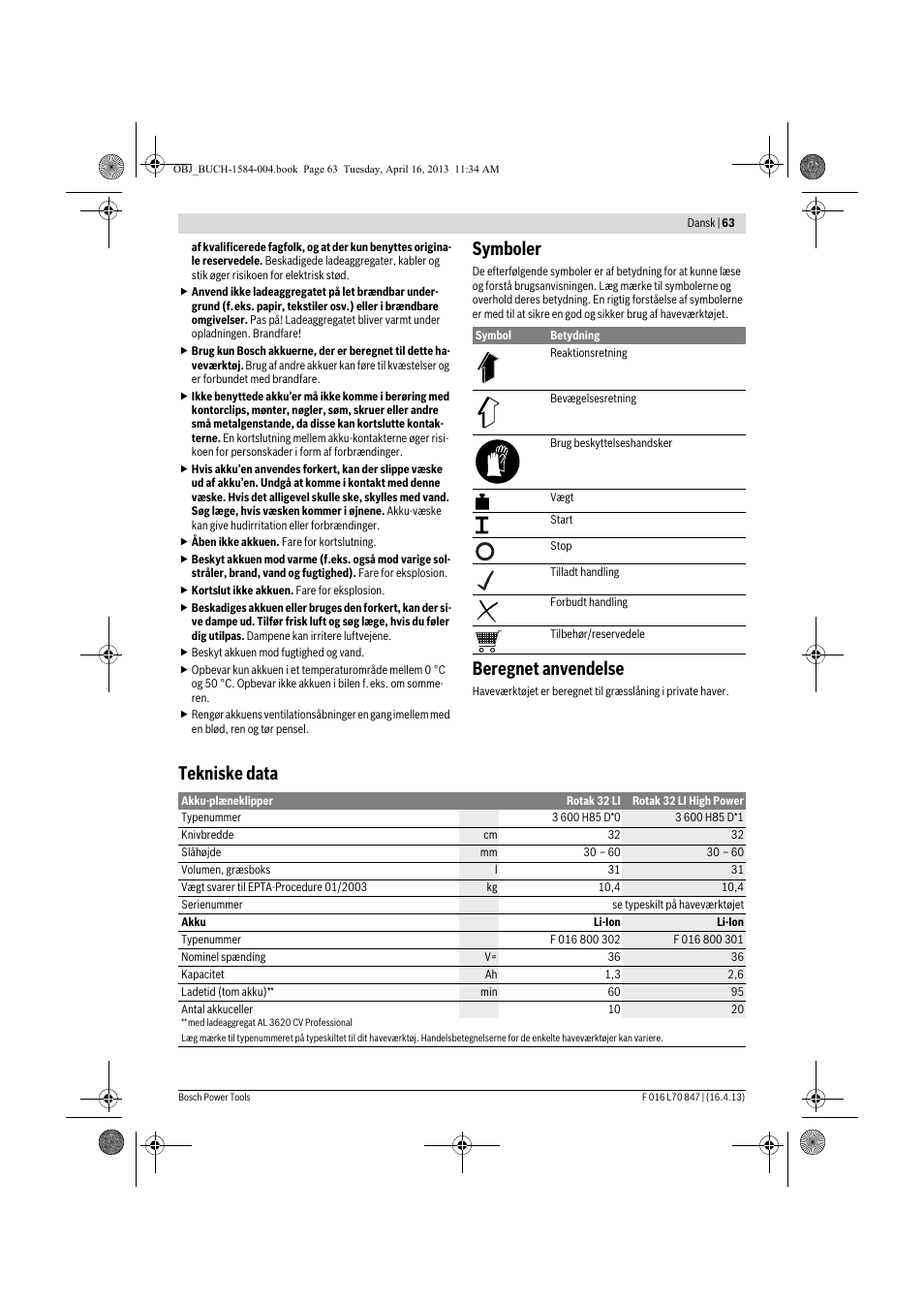 Symboler, Beregnet anvendelse, Tekniske data | Bosch Rotak 32 LI User Manual | Page 63 / 248