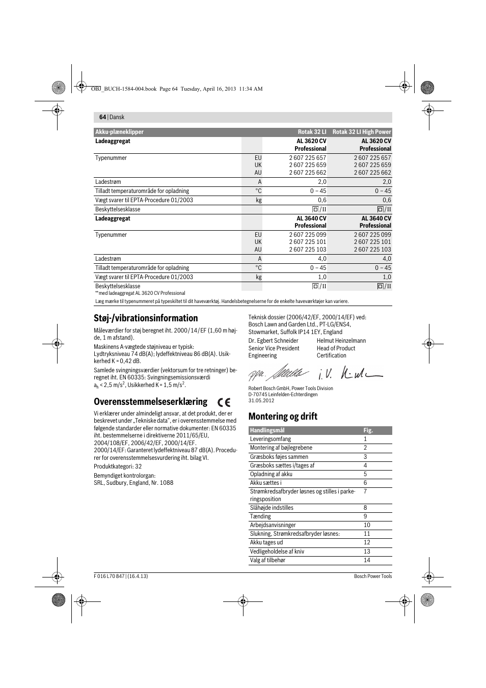 Støj-/vibrationsinformation, Overensstemmelseserklæring, Montering og drift | Bosch Rotak 32 LI User Manual | Page 64 / 248