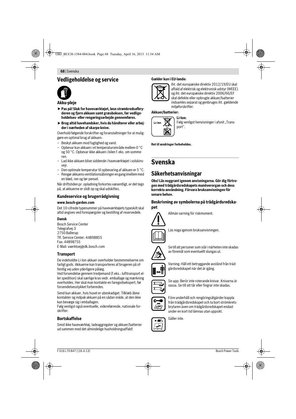 Svenska, Vedligeholdelse og service, Säkerhetsanvisningar | Bosch Rotak 32 LI User Manual | Page 68 / 248