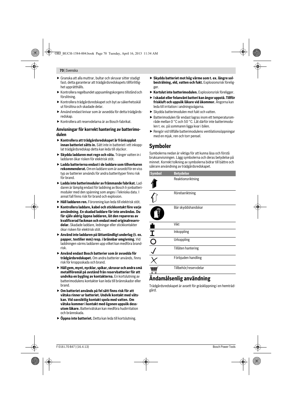 Symboler, Ändamålsenlig användning | Bosch Rotak 32 LI User Manual | Page 70 / 248