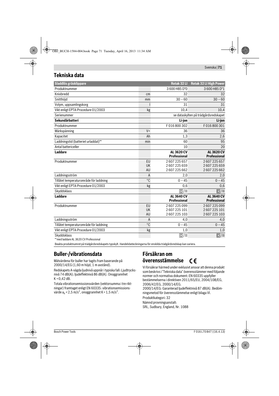 Tekniska data buller-/vibrationsdata, Försäkran om överensstämmelse | Bosch Rotak 32 LI User Manual | Page 71 / 248