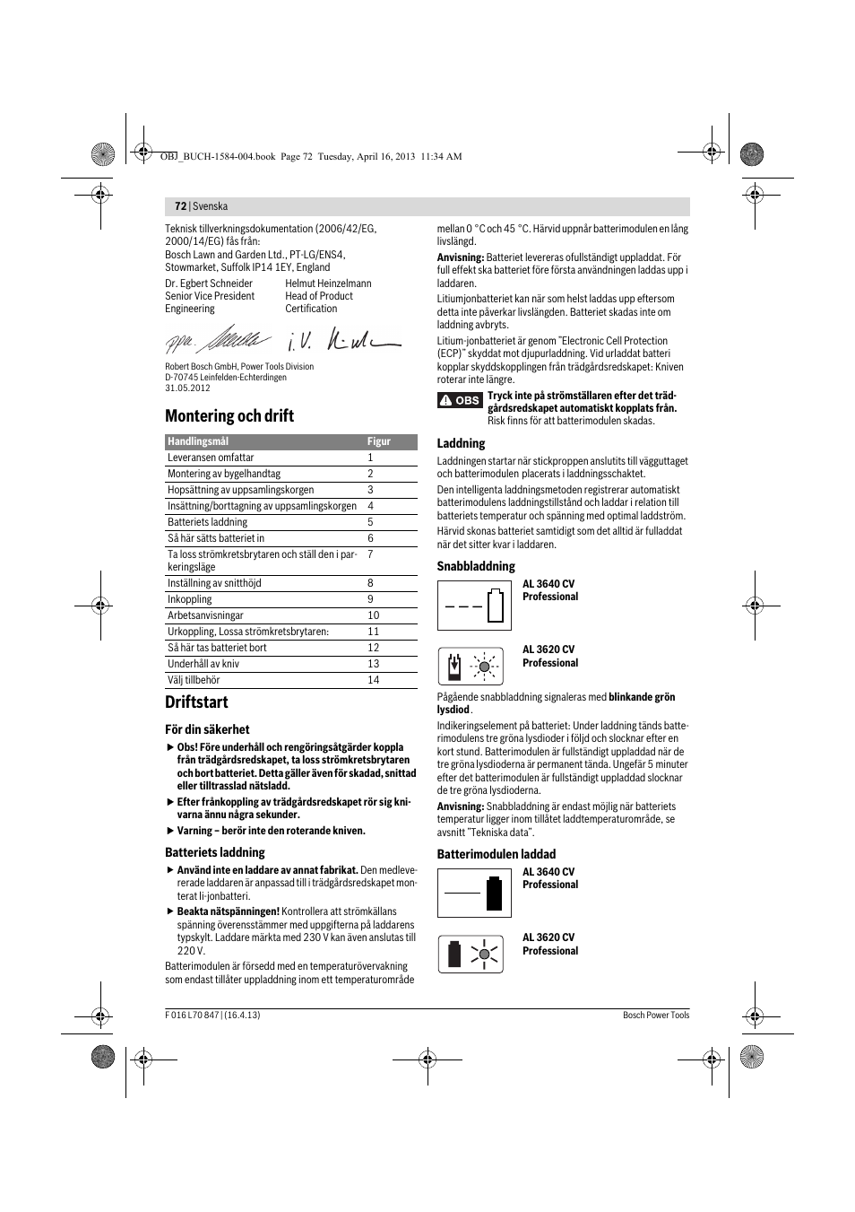 Montering och drift driftstart | Bosch Rotak 32 LI User Manual | Page 72 / 248