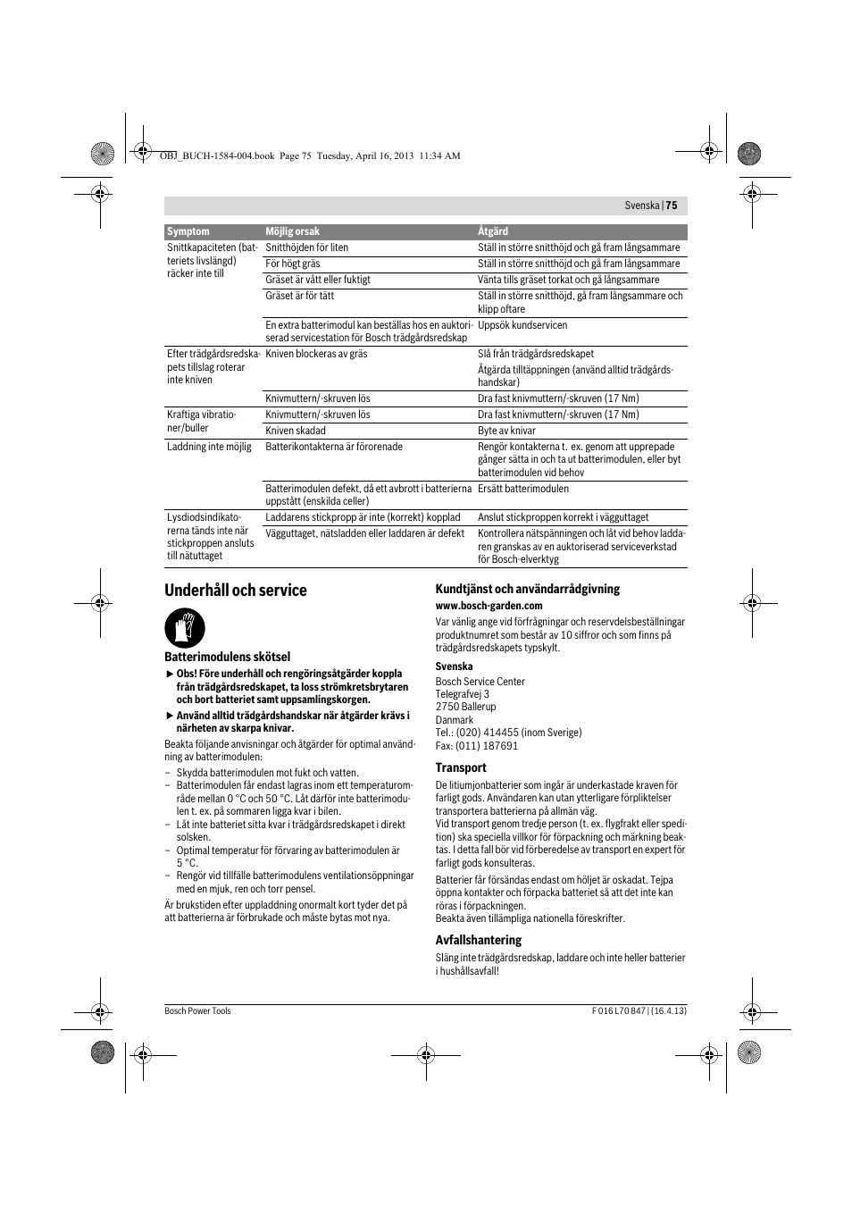 Underhåll och service | Bosch Rotak 32 LI User Manual | Page 75 / 248
