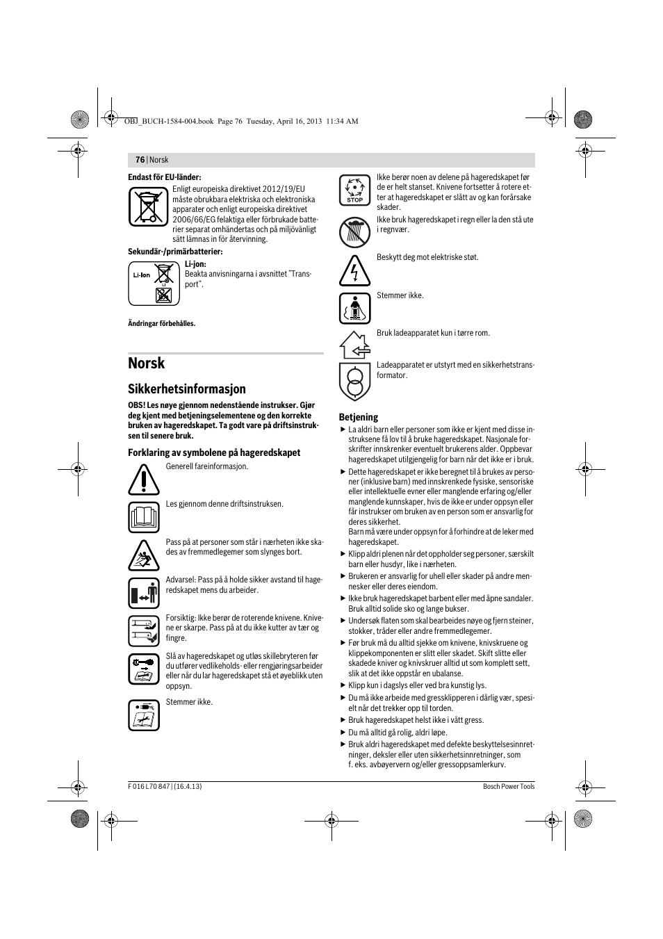 Norsk, Sikkerhetsinformasjon | Bosch Rotak 32 LI User Manual | Page 76 / 248