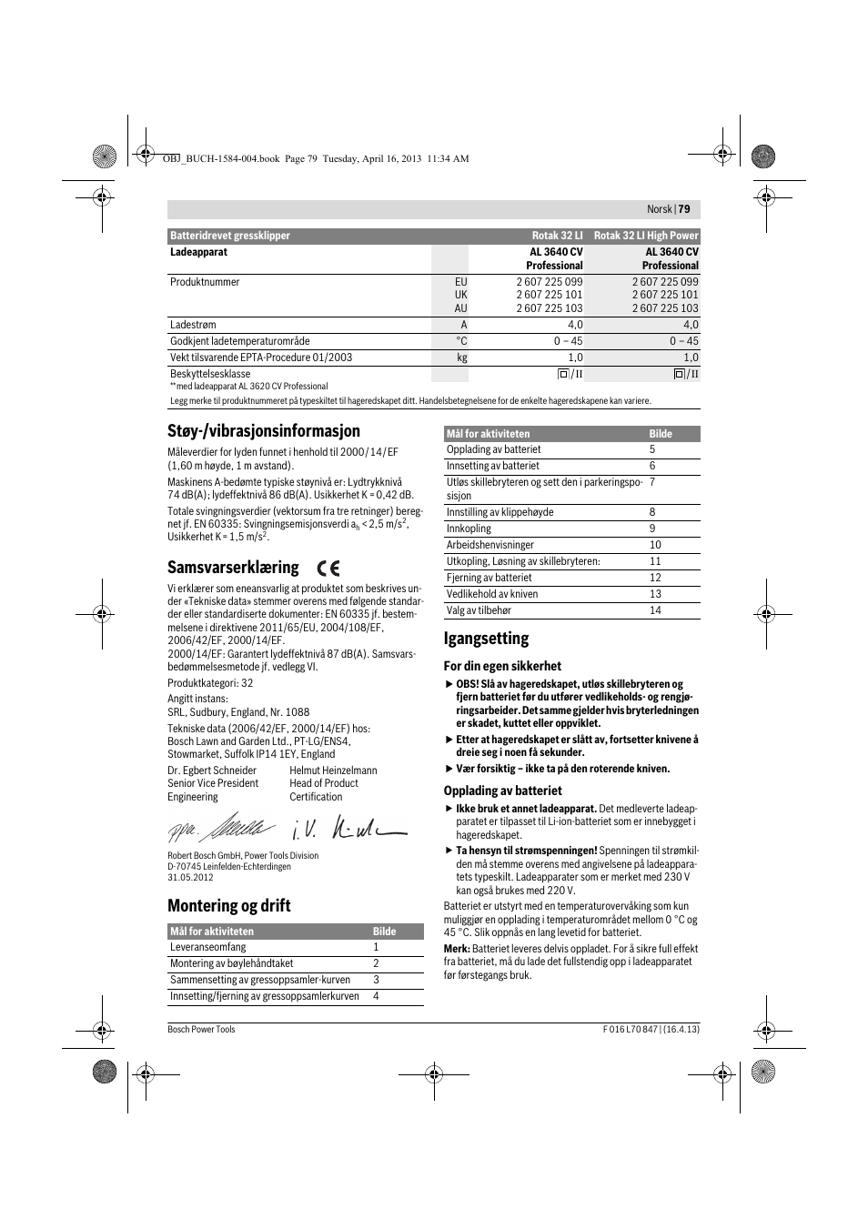Støy-/vibrasjonsinformasjon, Samsvarserklæring, Montering og drift igangsetting | Bosch Rotak 32 LI User Manual | Page 79 / 248