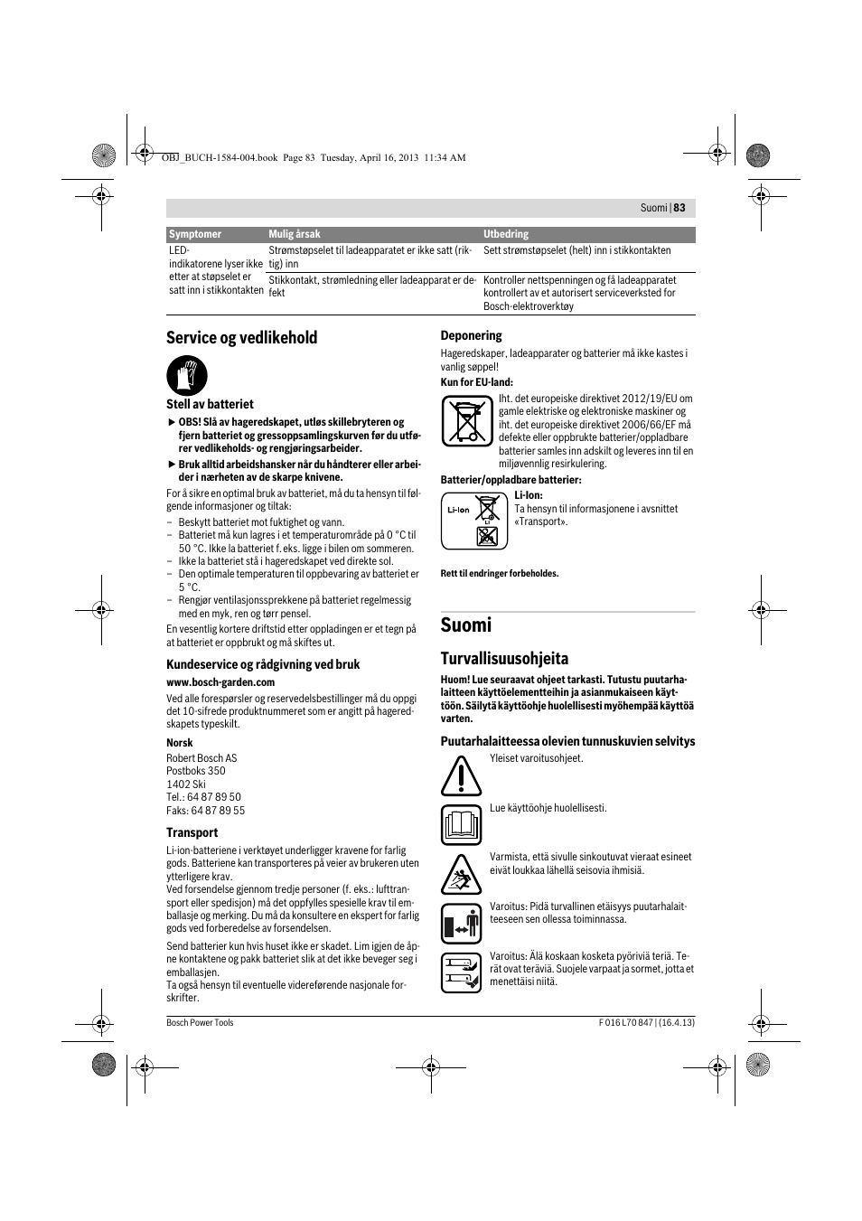 Suomi, Service og vedlikehold, Turvallisuusohjeita | Bosch Rotak 32 LI User Manual | Page 83 / 248