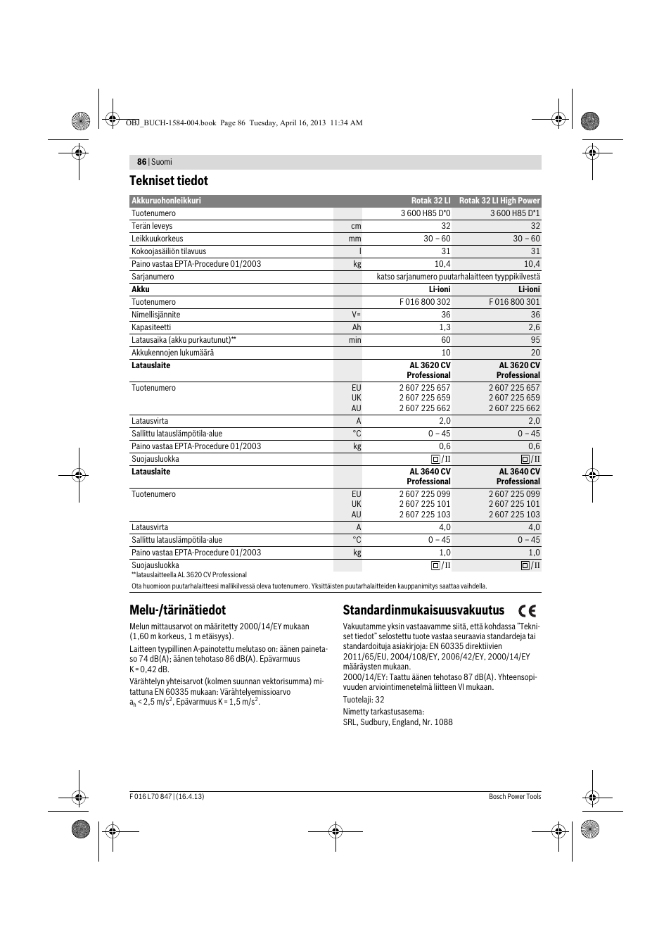 Tekniset tiedot melu-/tärinätiedot, Standardinmukaisuusvakuutus | Bosch Rotak 32 LI User Manual | Page 86 / 248