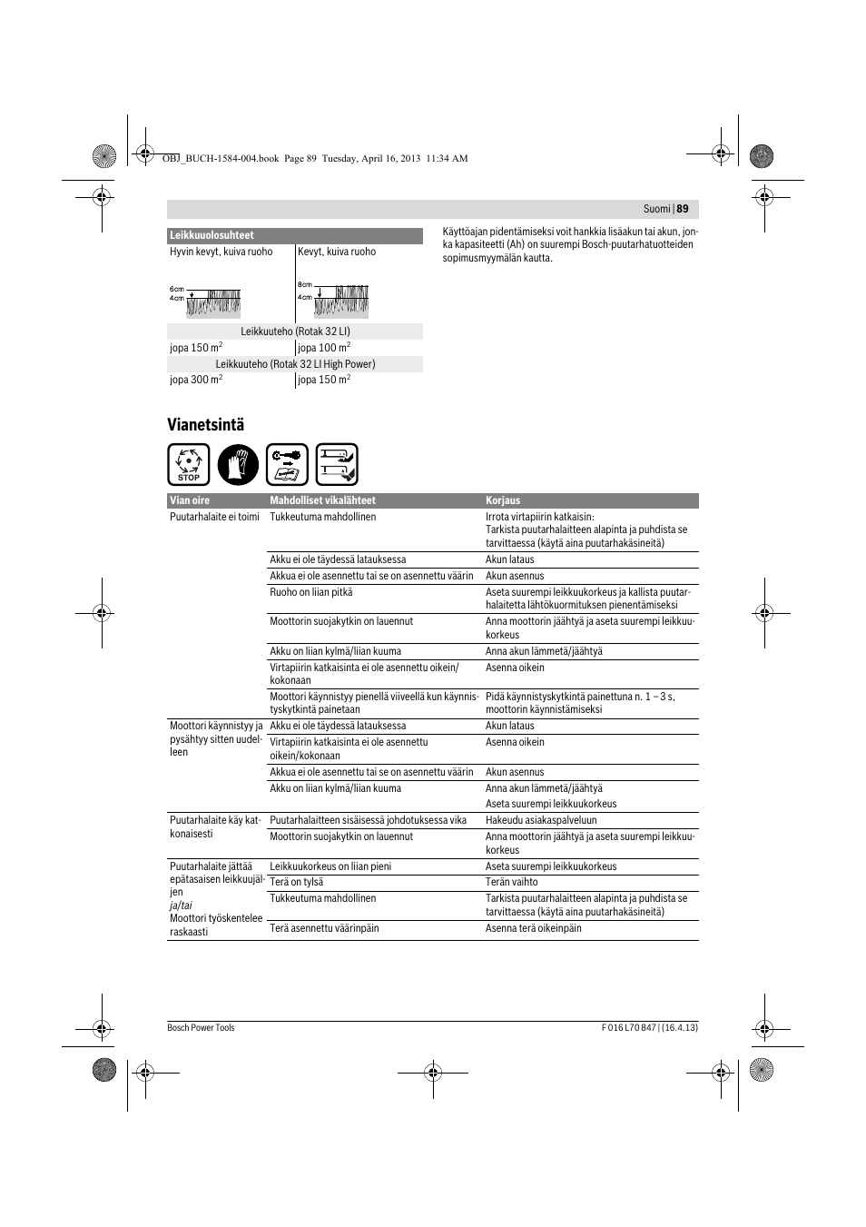 Vianetsintä | Bosch Rotak 32 LI User Manual | Page 89 / 248