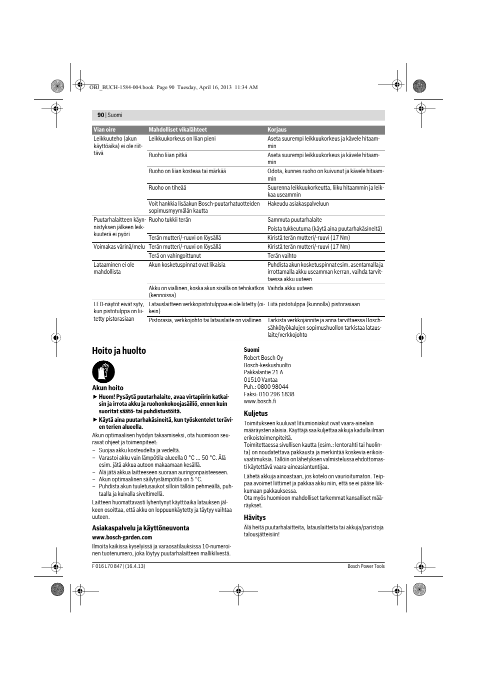 Hoito ja huolto | Bosch Rotak 32 LI User Manual | Page 90 / 248