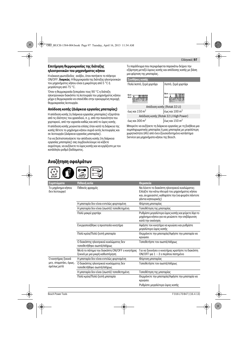 Αναζήτηση σφαλμάτων | Bosch Rotak 32 LI User Manual | Page 97 / 248