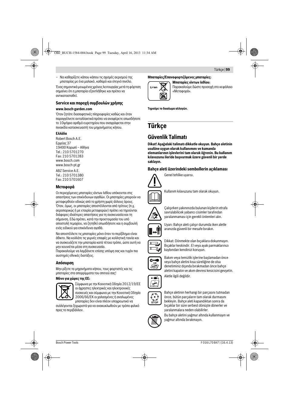 Türkçe, Güvenlik talimatı | Bosch Rotak 32 LI User Manual | Page 99 / 248