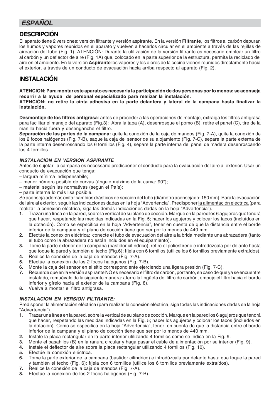 Español, Descripción, Instalación | Best LIPSTICK User Manual | Page 10 / 20