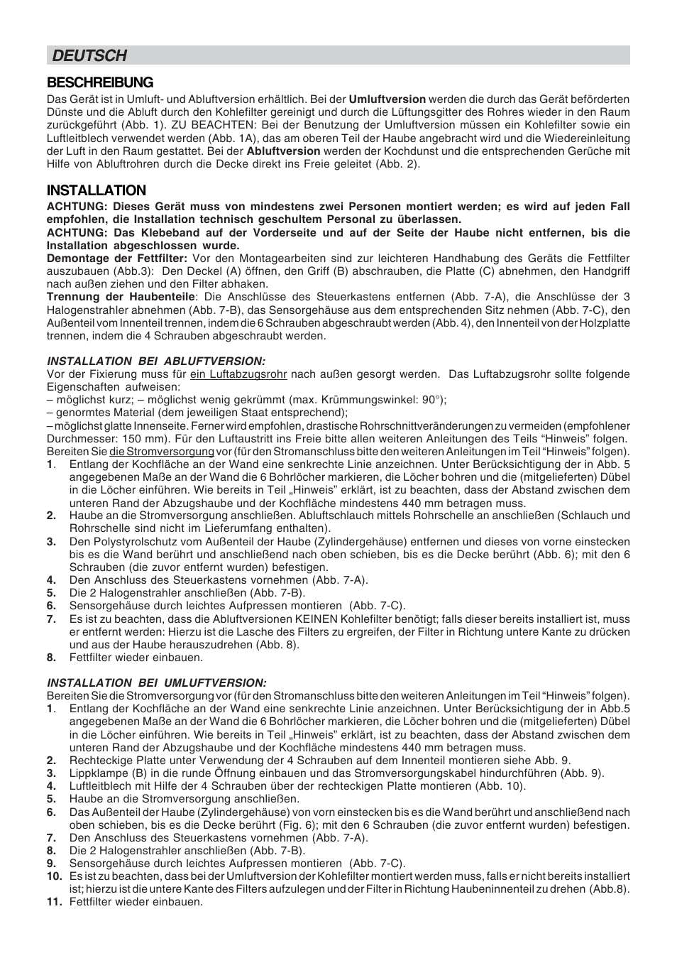 Deutsch, Beschreibung, Installation | Best LIPSTICK User Manual | Page 4 / 20