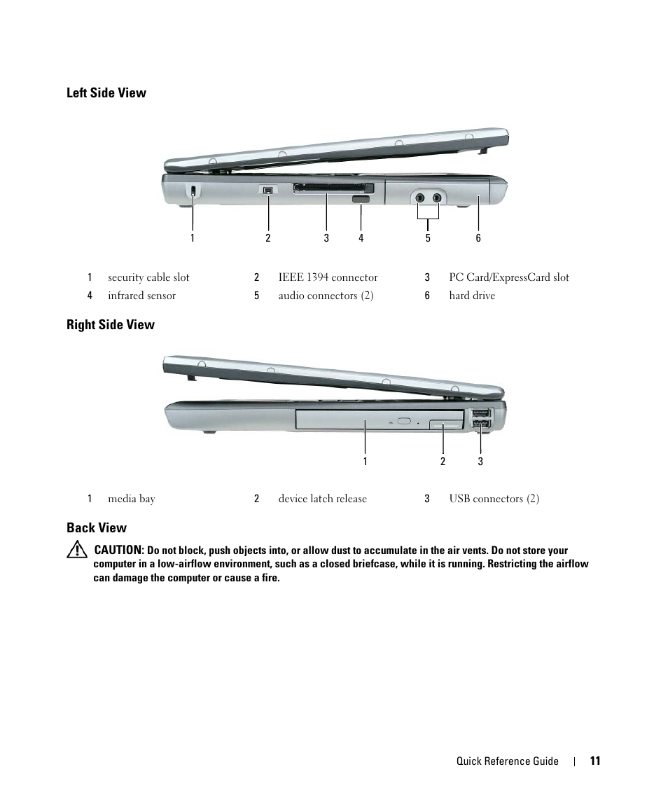 Left side view, Right side view, Back view | Left side view right side view back view | Dell Latitude D520 User Manual | Page 11 / 124