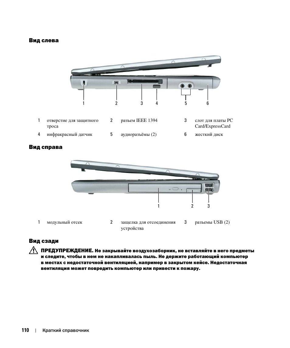 Вид слева, Вид справа, Вид сзади | Вид слева вид справа вид сзади | Dell Latitude D520 User Manual | Page 110 / 124