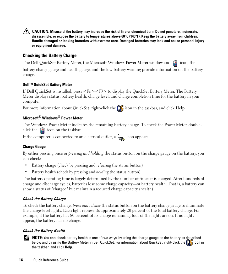 Checking the battery charge | Dell Latitude D520 User Manual | Page 14 / 124