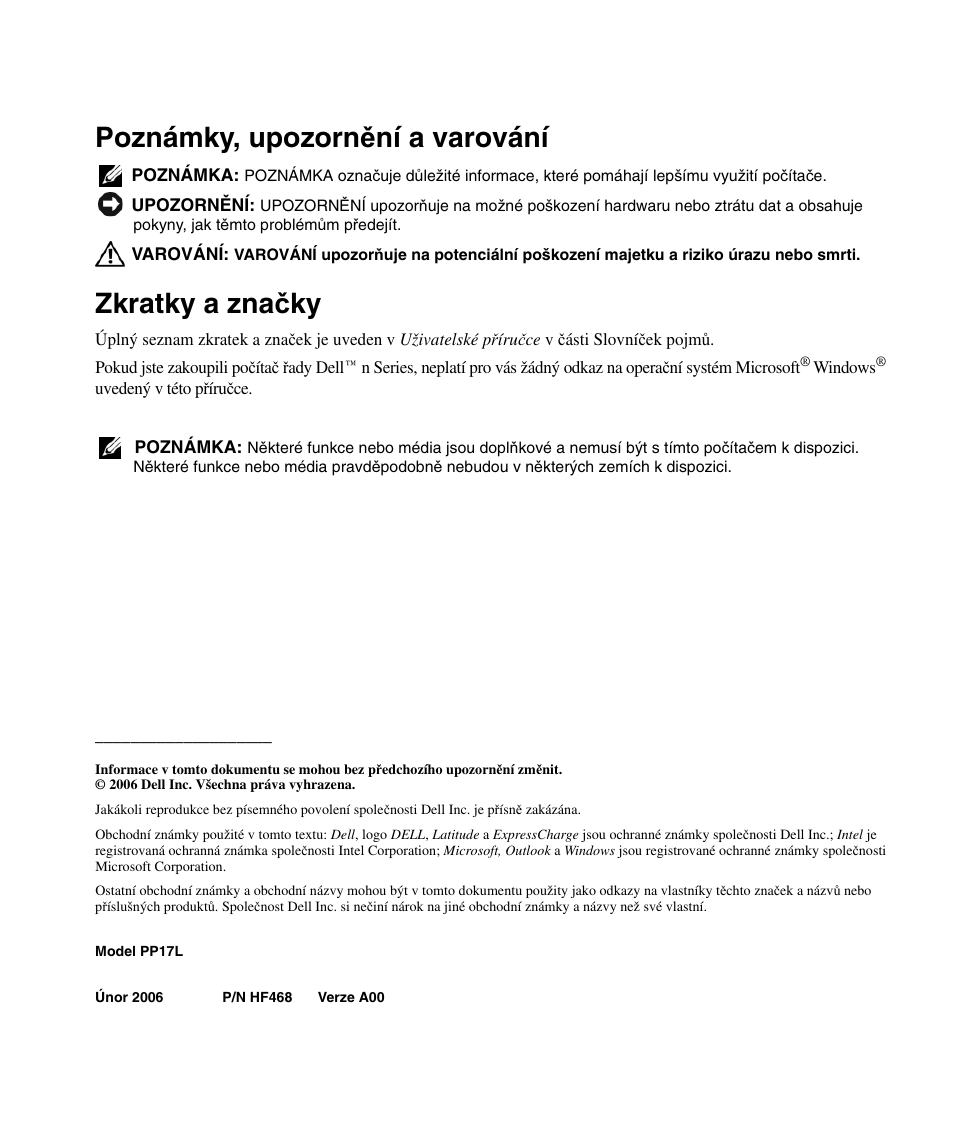Poznámky, upozorn ě ní a varování, Zkratky a zna č ky | Dell Latitude D520 User Manual | Page 26 / 124
