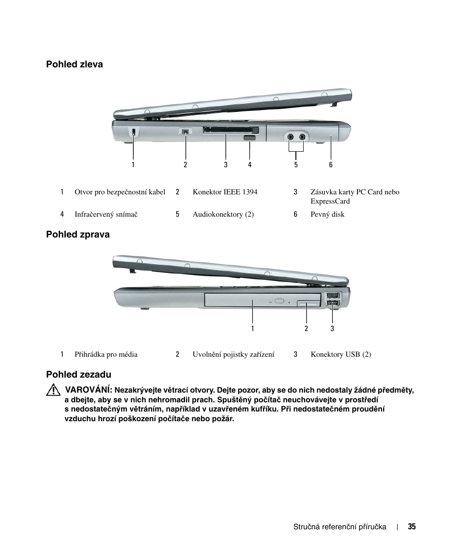 Pohled zleva, Pohled zprava, Pohled zezadu | Pohled zleva pohled zprava pohled zezadu | Dell Latitude D520 User Manual | Page 35 / 124