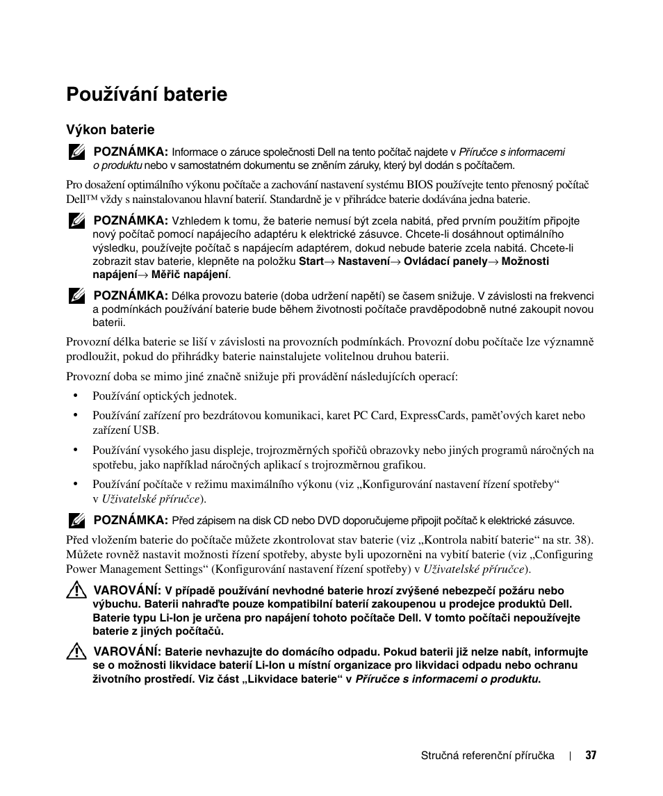 Používání baterie, Výkon baterie | Dell Latitude D520 User Manual | Page 37 / 124