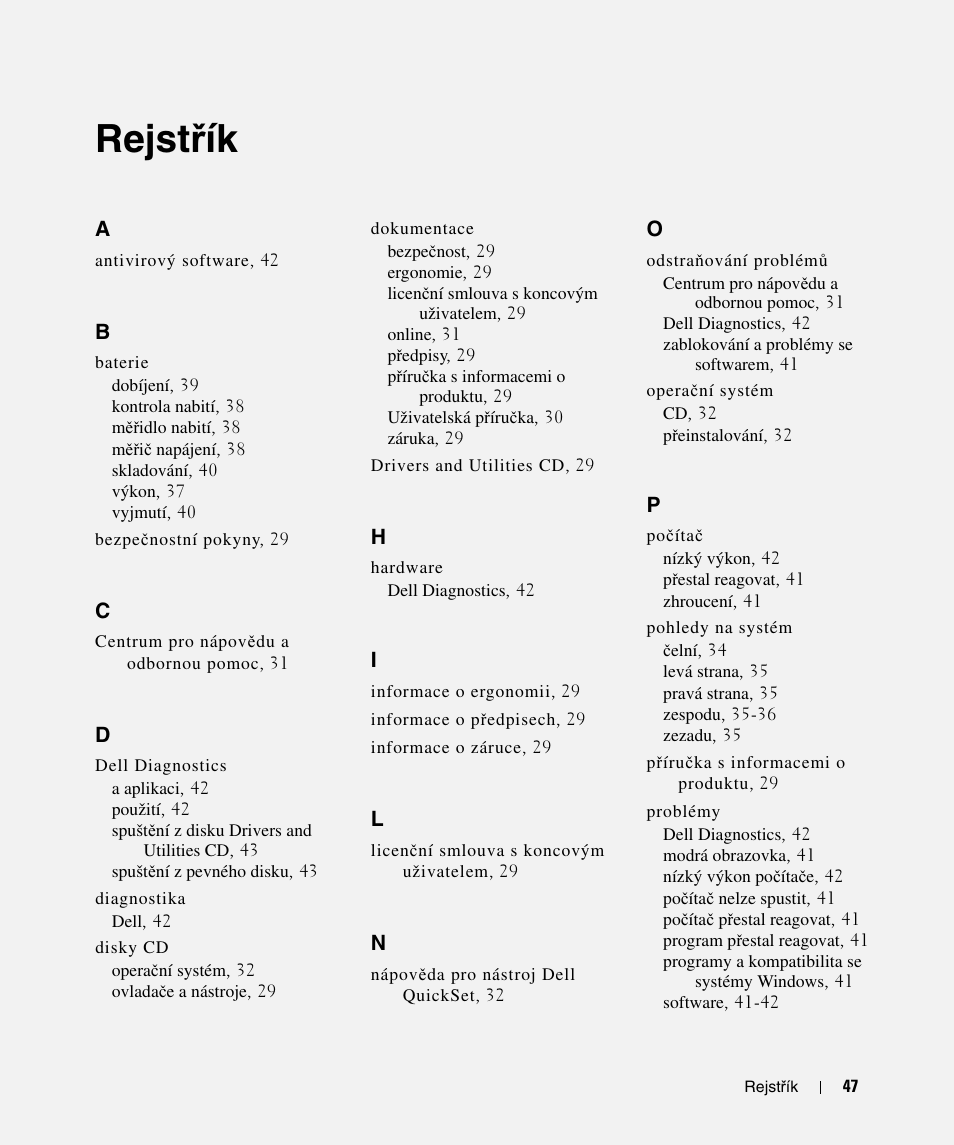 Rejstřík, Rejst, Ř нk | Rejst ř ík | Dell Latitude D520 User Manual | Page 47 / 124