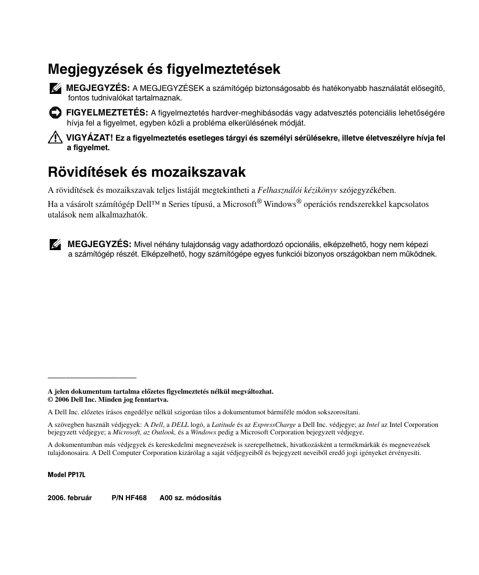 Megjegyzések és figyelmeztetések, Rövidítések és mozaikszavak | Dell Latitude D520 User Manual | Page 50 / 124
