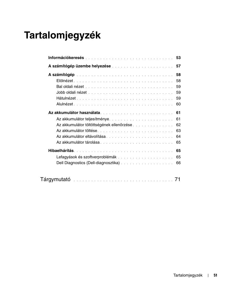 Tartalomjegyzék, Tárgymutató | Dell Latitude D520 User Manual | Page 51 / 124