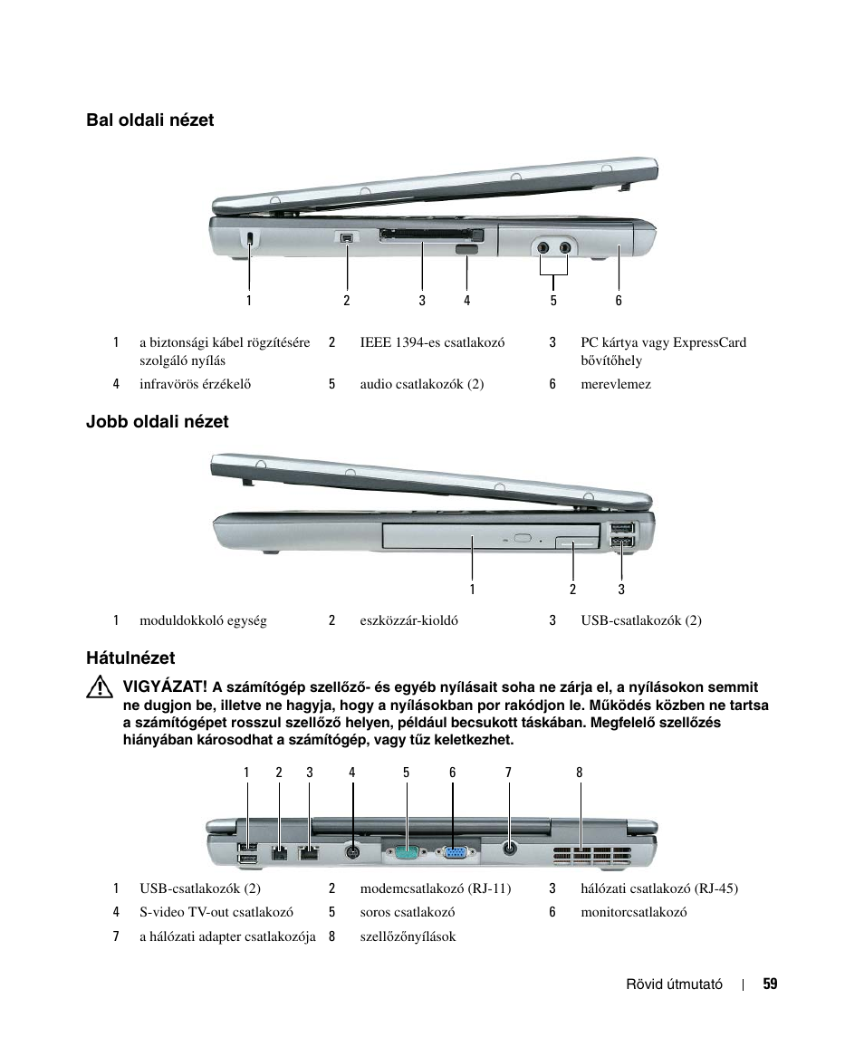 Bal oldali nézet, Jobb oldali nézet, Hátulnézet | Bal oldali nézet jobb oldali nézet hátulnézet | Dell Latitude D520 User Manual | Page 59 / 124