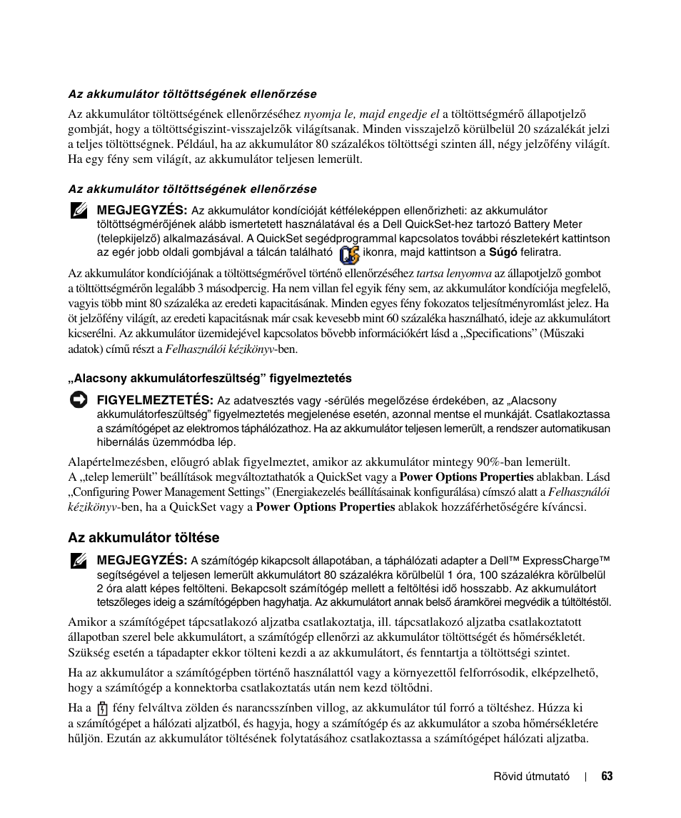 Az akkumulátor töltése | Dell Latitude D520 User Manual | Page 63 / 124