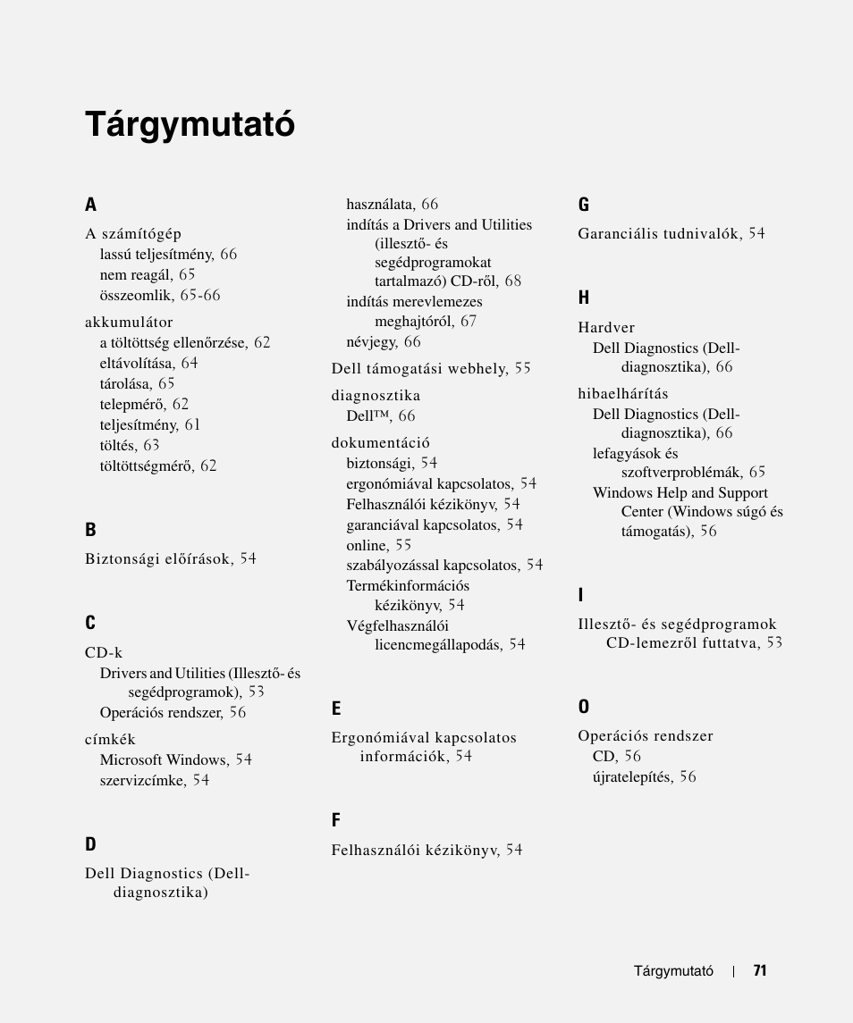 Tárgymutató | Dell Latitude D520 User Manual | Page 71 / 124