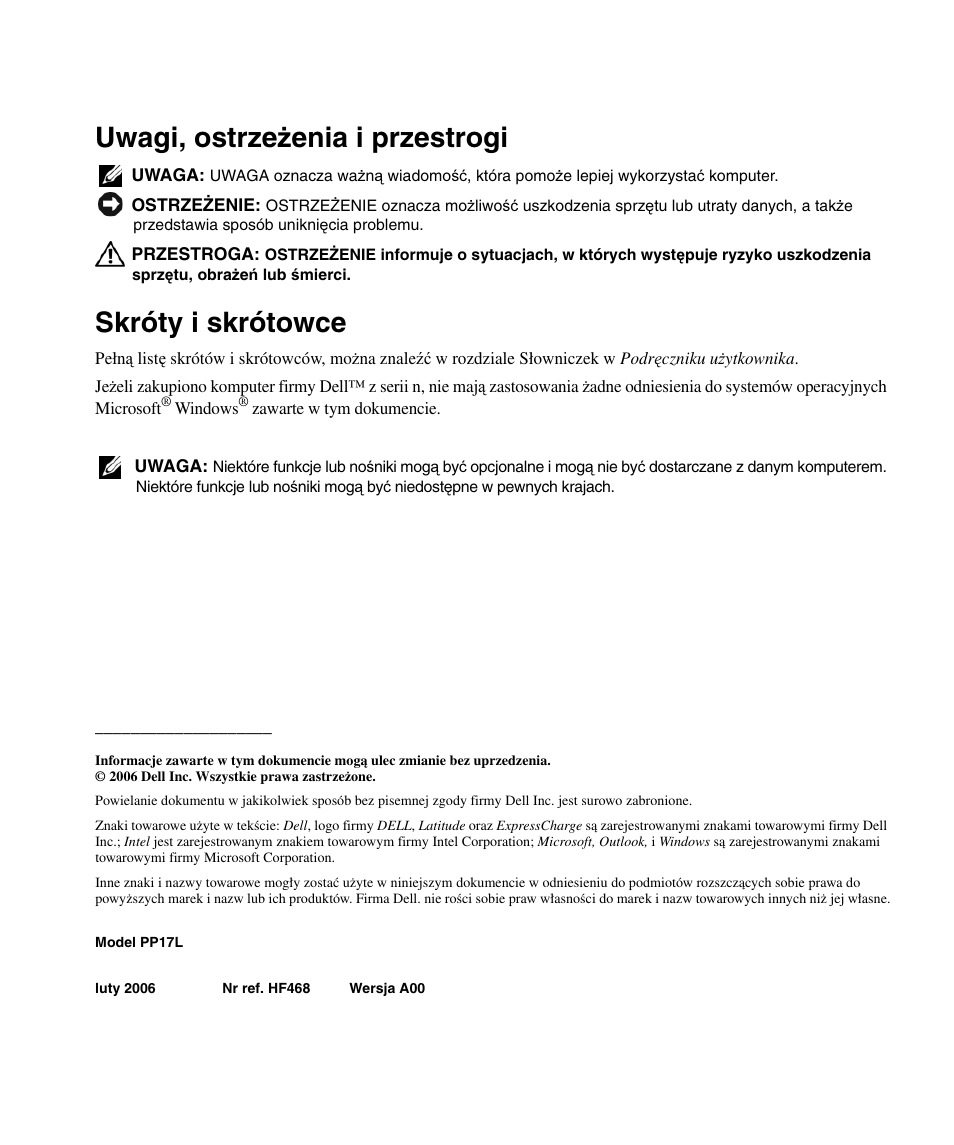 Uwagi, ostrze ż enia i przestrogi, Skróty i skrótowce | Dell Latitude D520 User Manual | Page 74 / 124