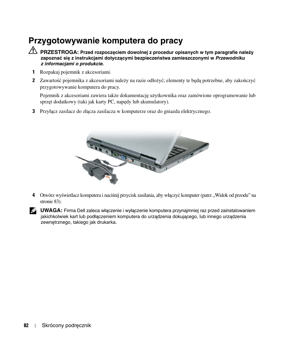 Przygotowywanie komputera do pracy | Dell Latitude D520 User Manual | Page 82 / 124