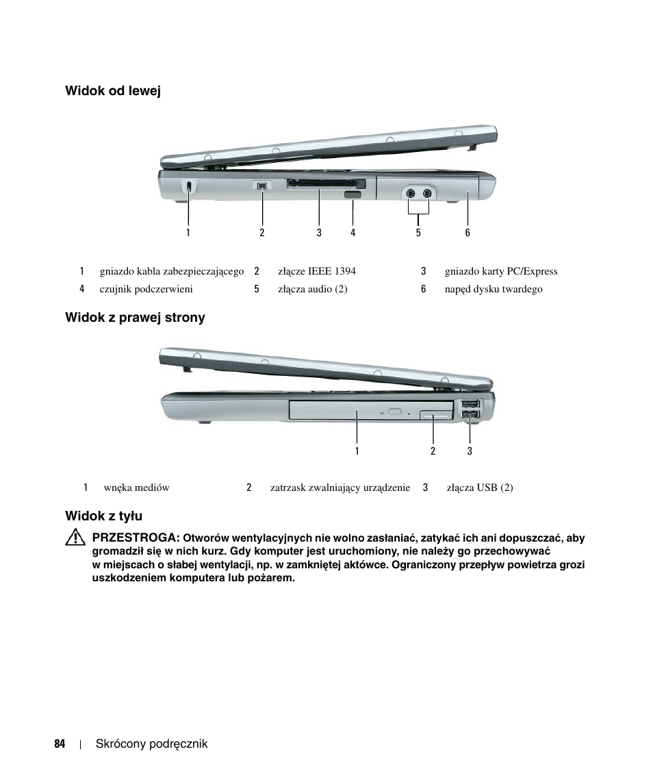 Widok od lewej, Widok z prawej strony, Widok z tyłu | Widok od lewej widok z prawej strony widok z tyłu | Dell Latitude D520 User Manual | Page 84 / 124