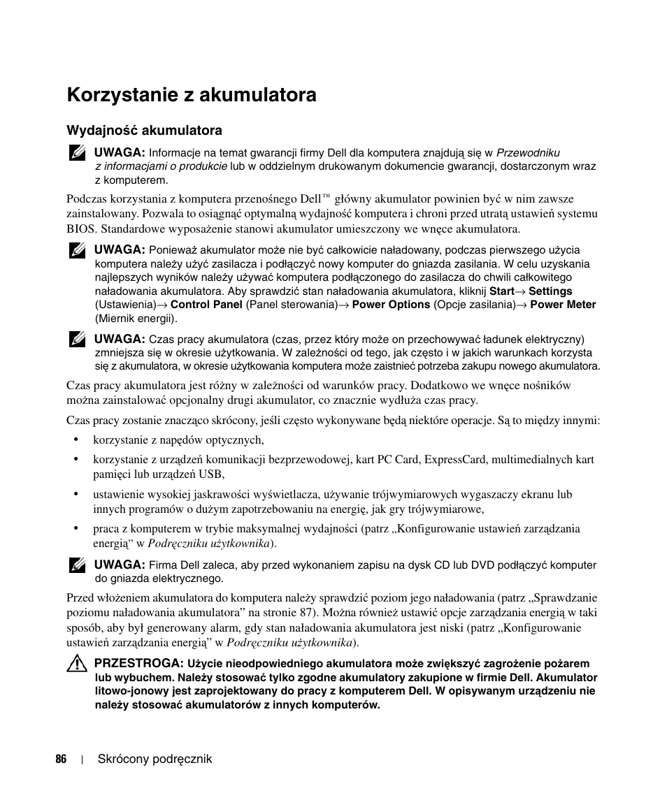 Korzystanie z akumulatora, Wydajność akumulatora, Wydajno | Ść akumulatora | Dell Latitude D520 User Manual | Page 86 / 124