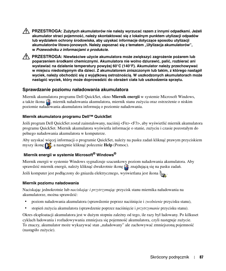 Sprawdzanie poziomu naładowania akumulatora | Dell Latitude D520 User Manual | Page 87 / 124