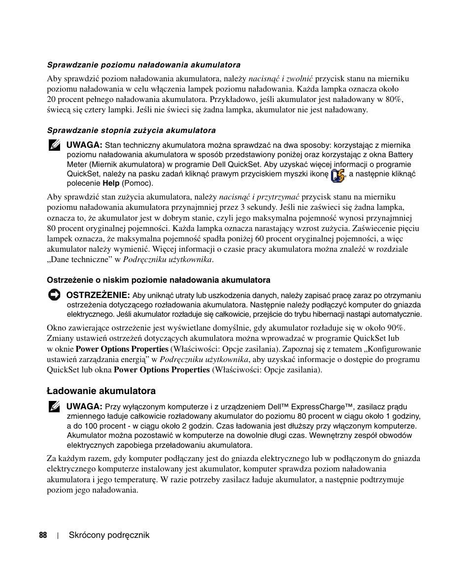 Ładowanie akumulatora | Dell Latitude D520 User Manual | Page 88 / 124