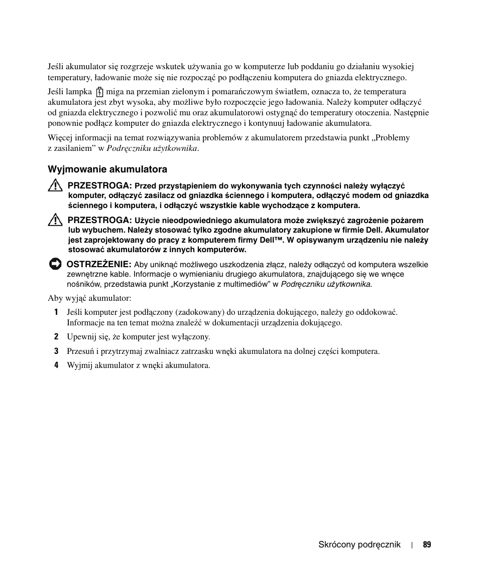 Wyjmowanie akumulatora | Dell Latitude D520 User Manual | Page 89 / 124