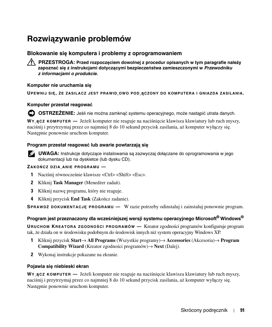 Rozwiązywanie problemów, Rozwi, Ą zywanie problemów | Blokowanie si, Ę komputera i problemy z oprogramowaniem, Rozwi ą zywanie problemów | Dell Latitude D520 User Manual | Page 91 / 124