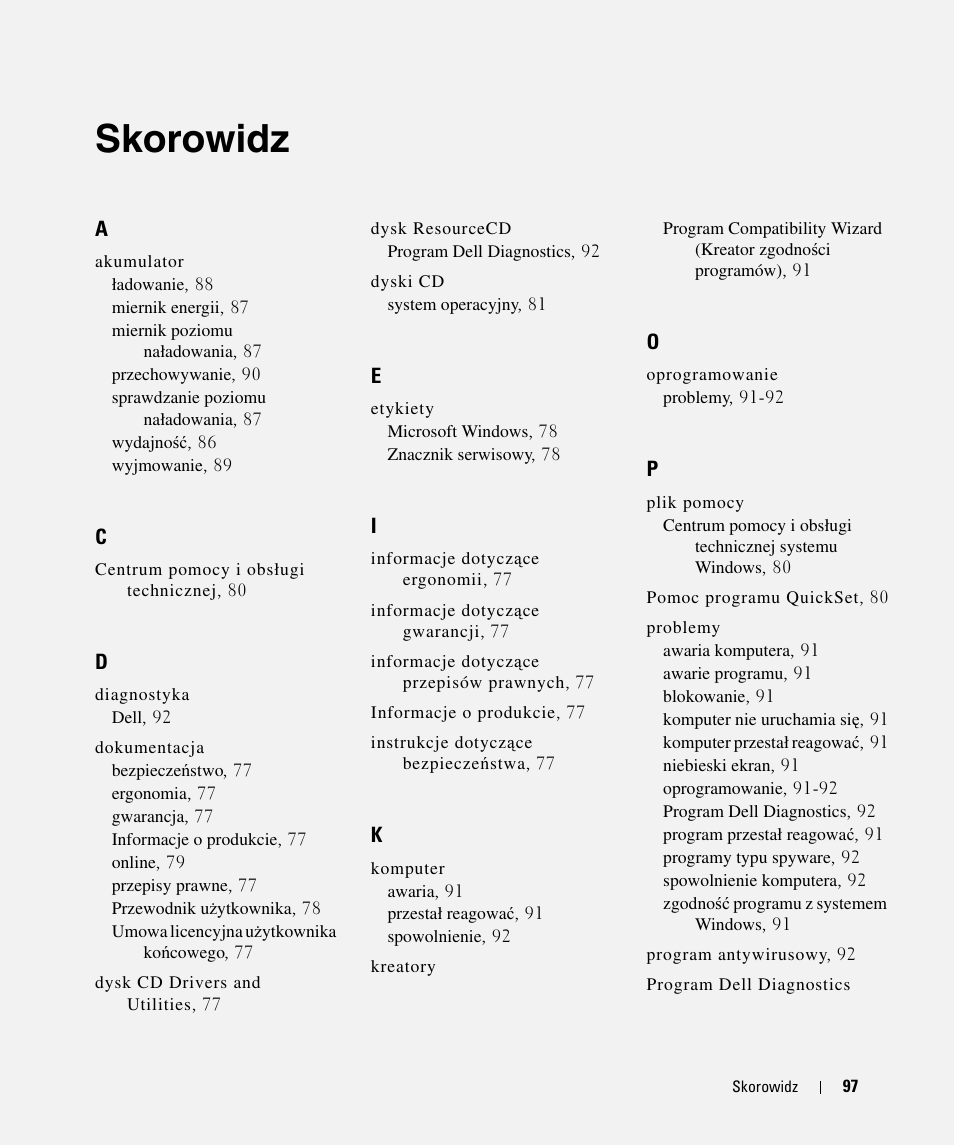 Skorowidz | Dell Latitude D520 User Manual | Page 97 / 124
