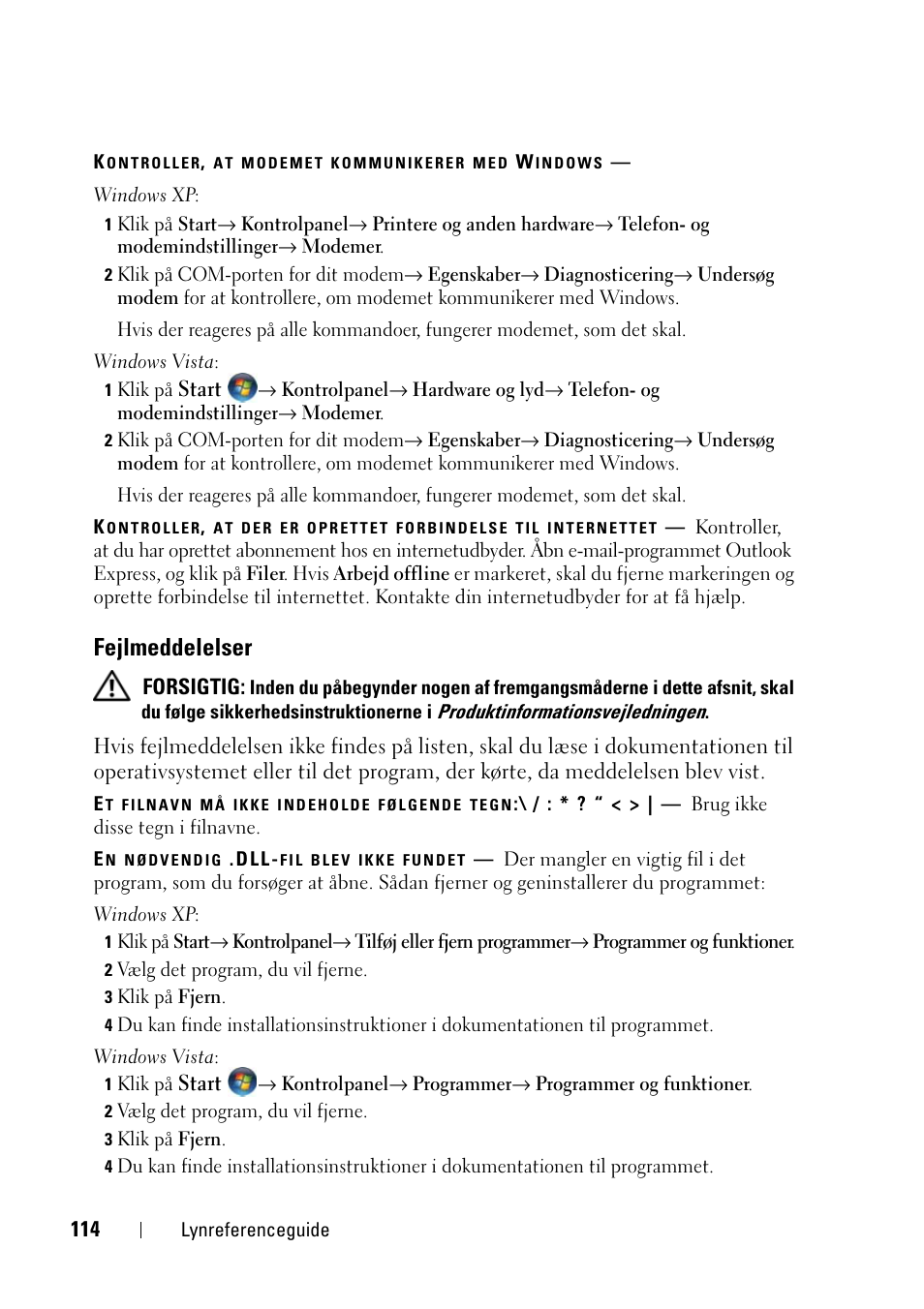 Fejlmeddelelser | Dell Precision T3400 User Manual | Page 114 / 608