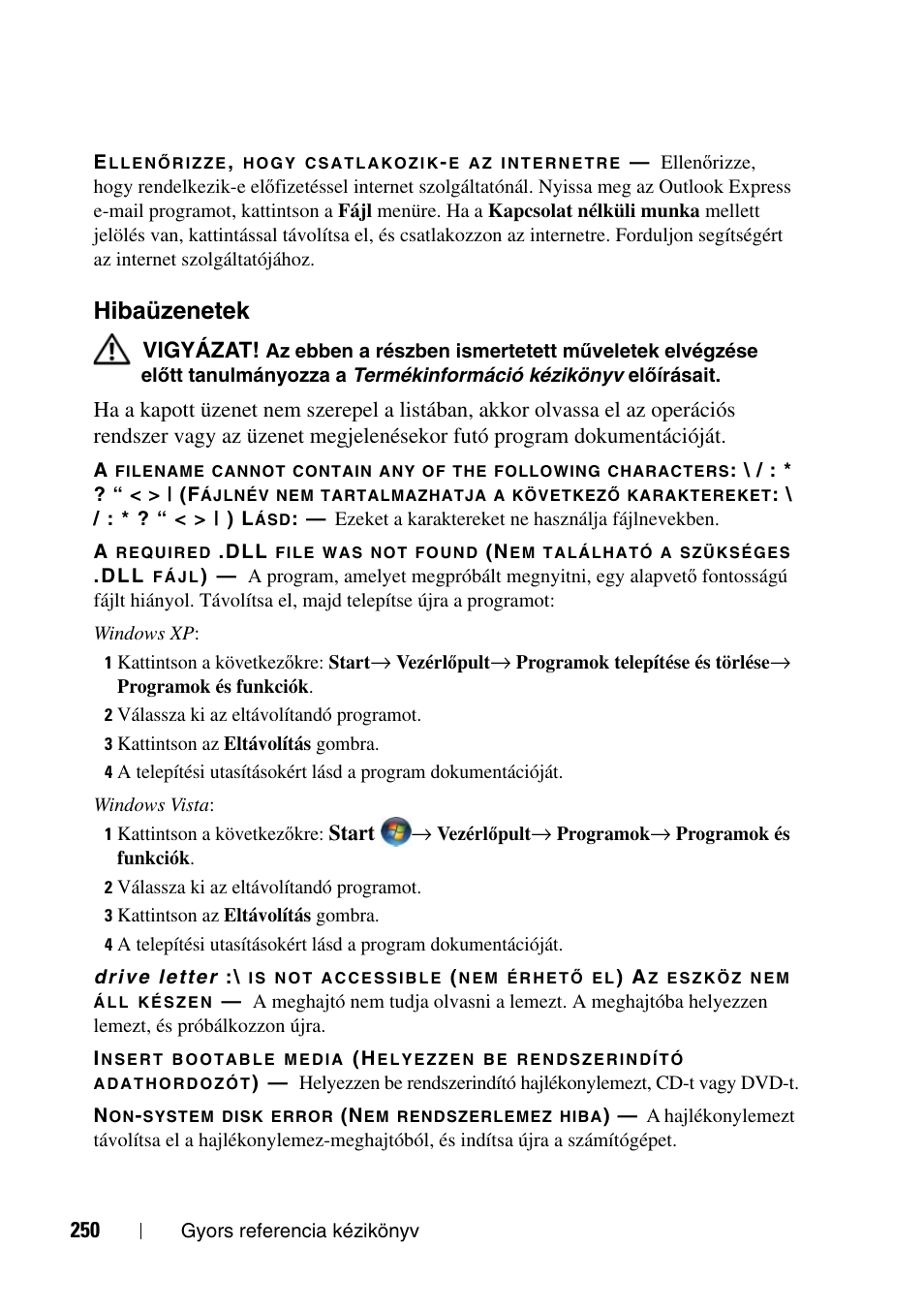 Hibaüzenetek | Dell Precision T3400 User Manual | Page 250 / 608