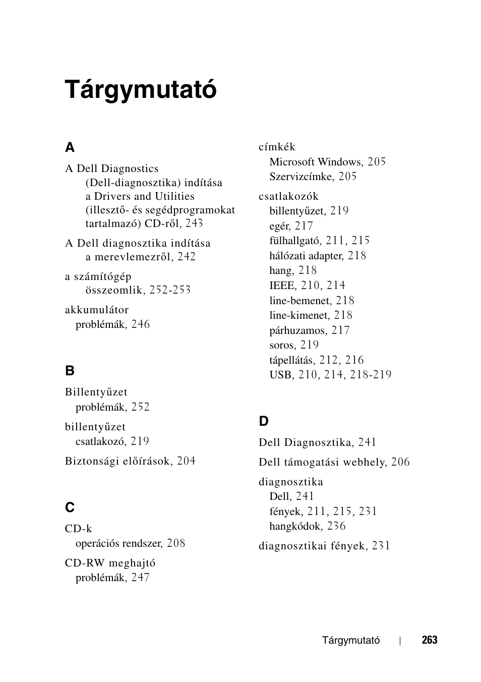 Tárgymutató | Dell Precision T3400 User Manual | Page 263 / 608