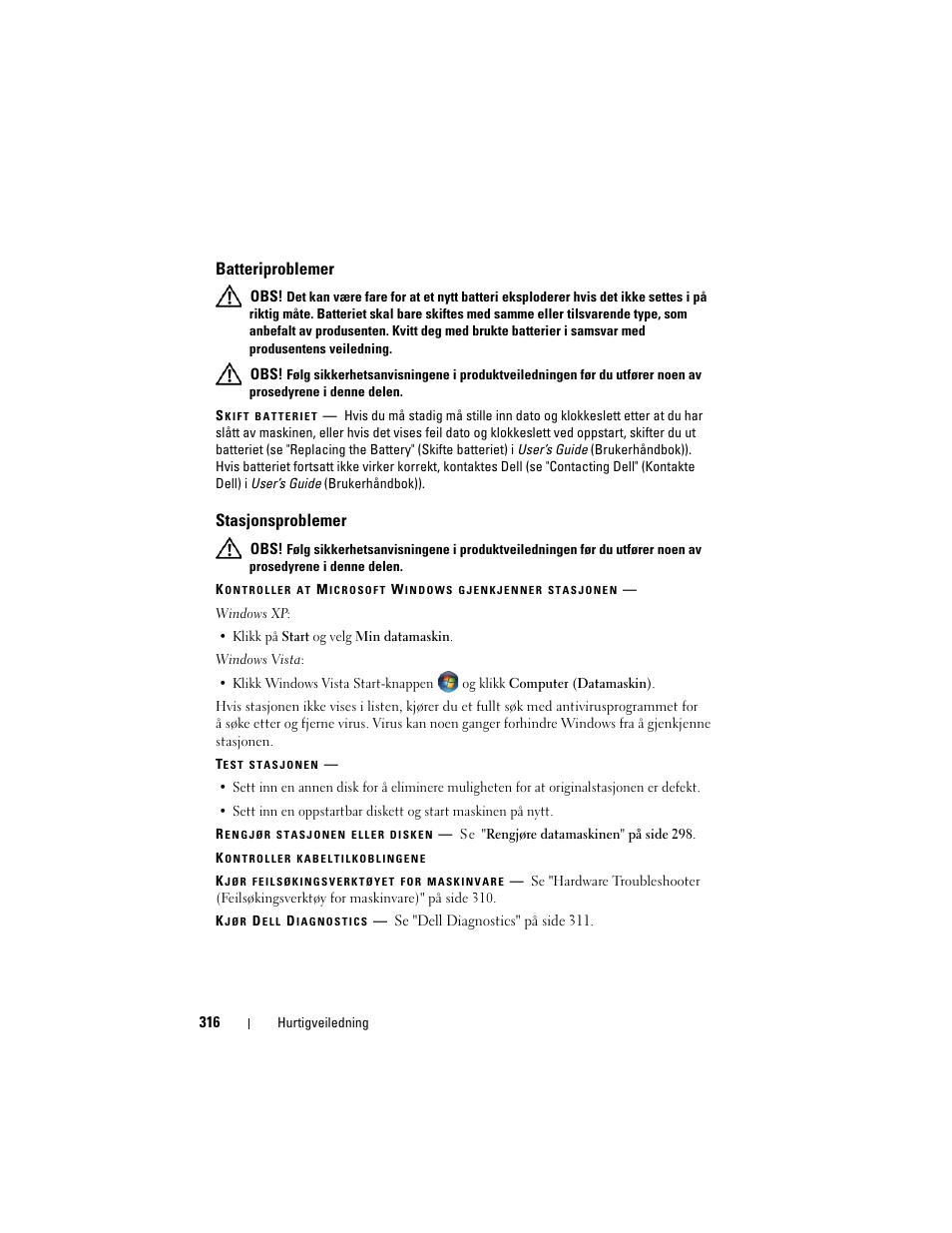 Batteriproblemer, Stasjonsproblemer | Dell Precision T3400 User Manual | Page 316 / 608