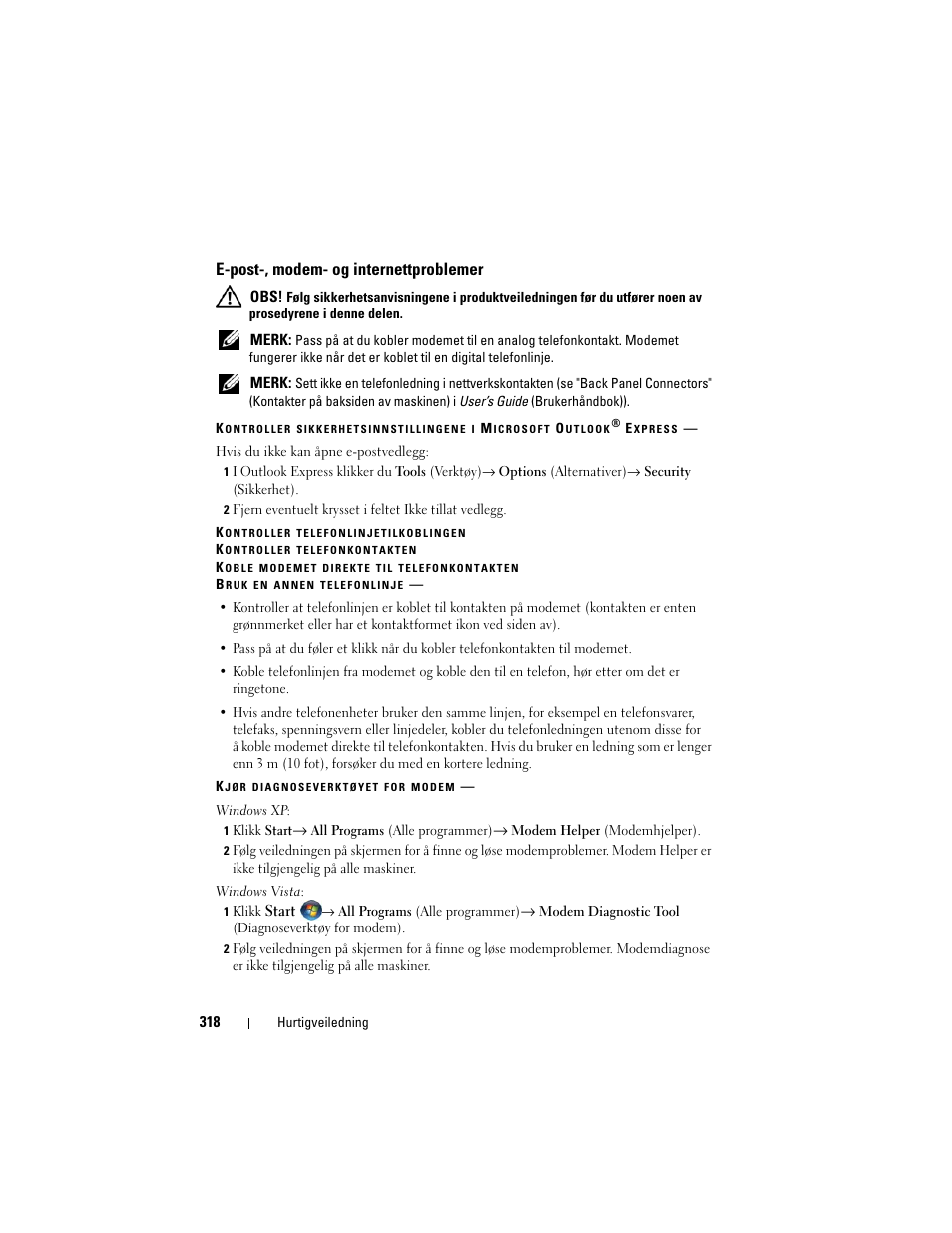 E-post-, modem- og internettproblemer | Dell Precision T3400 User Manual | Page 318 / 608