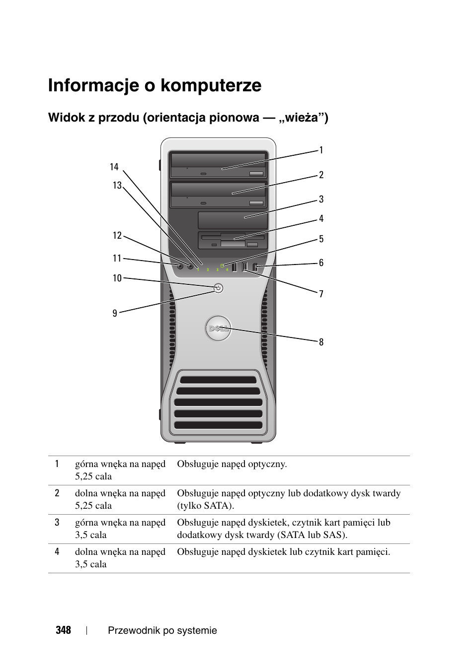 Informacje o komputerze, Widok z przodu (orientacja pionowa - „wieża”), Widok z przodu (orientacja pionowa — „wie | Ża”) | Dell Precision T3400 User Manual | Page 348 / 608