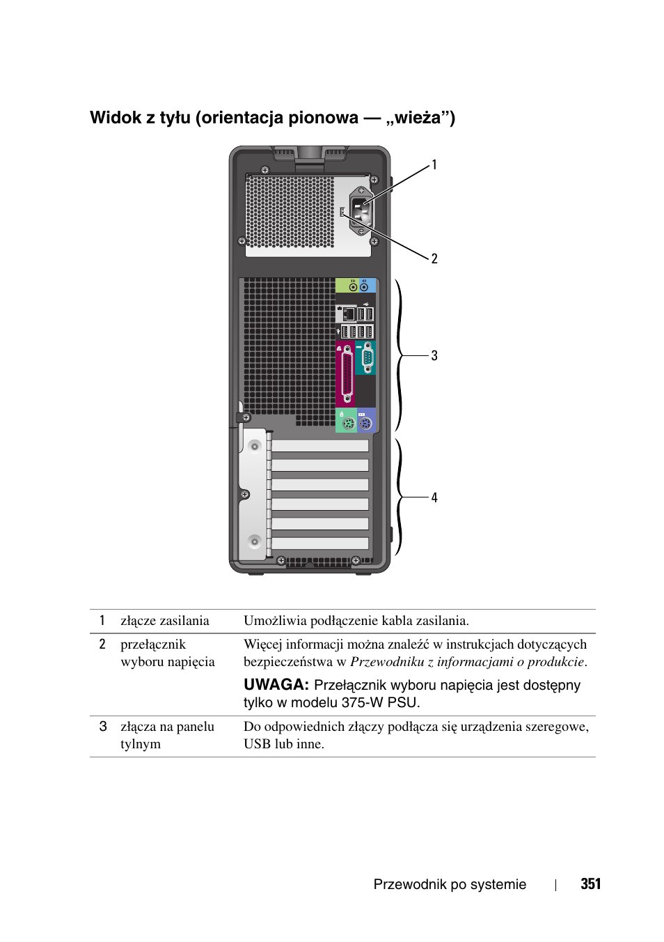 Widok z tyłu (orientacja pionowa - „wieża”), Widok z tyłu (orientacja pionowa — „wie, Ża”) | Dell Precision T3400 User Manual | Page 351 / 608