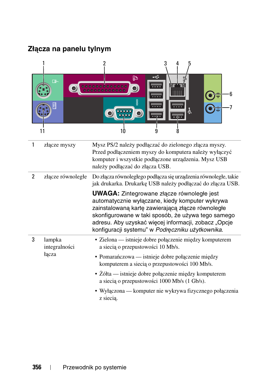 Złącza na panelu tylnym, Ącza na panelu tylnym | Dell Precision T3400 User Manual | Page 356 / 608