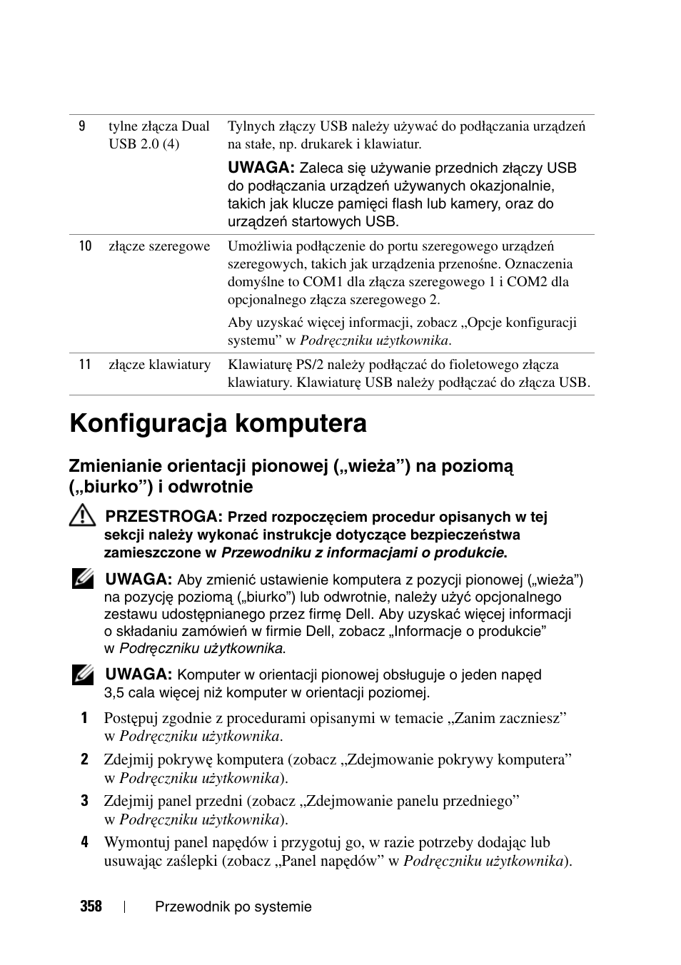 Konfiguracja komputera, Zmienianie orientacji pionowej („wie, Ża”) | Na poziom, Ą („biurko”) i odwrotnie | Dell Precision T3400 User Manual | Page 358 / 608