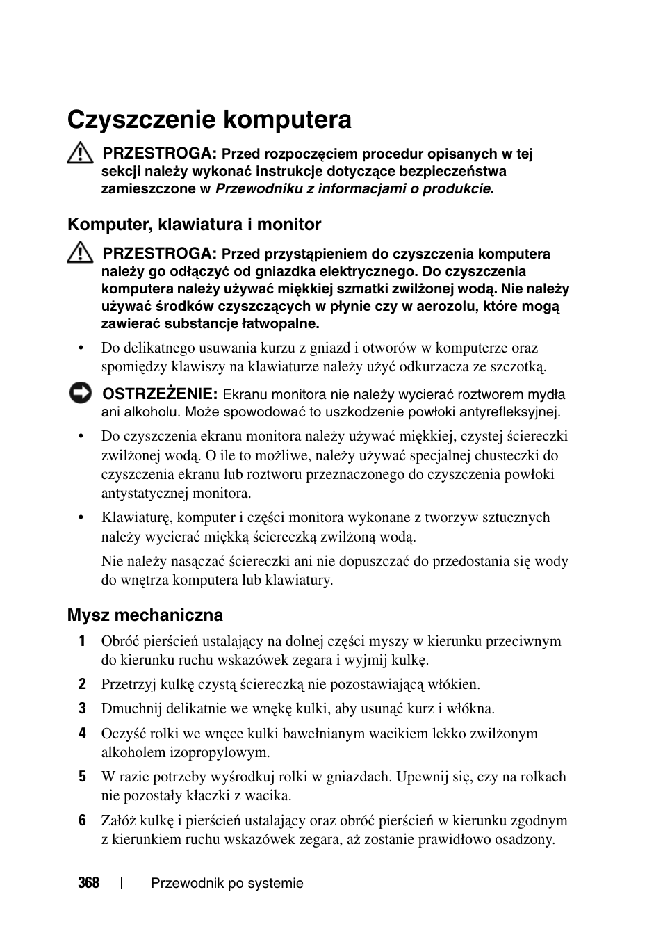 Czyszczenie komputera, Komputer, klawiatura i monitor, Mysz mechaniczna | Dell Precision T3400 User Manual | Page 368 / 608